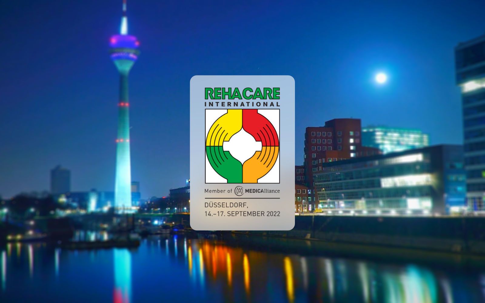 Ein Bild von Düsseldorf und das Rehacare 2022 Logo.