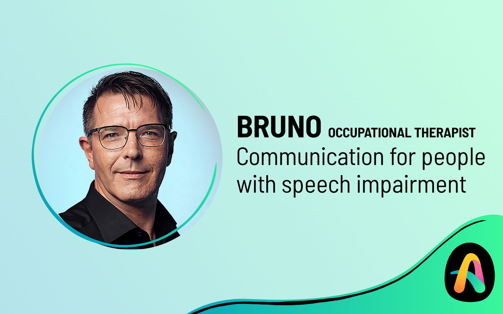 Portrait of Bruno with the text "TESTIMONIAL Communication for people with speech impairment".