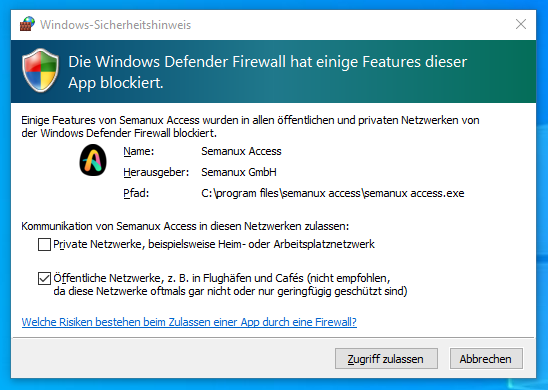 Window with message: "Windows Defender Firewall has blocked some features of this app"