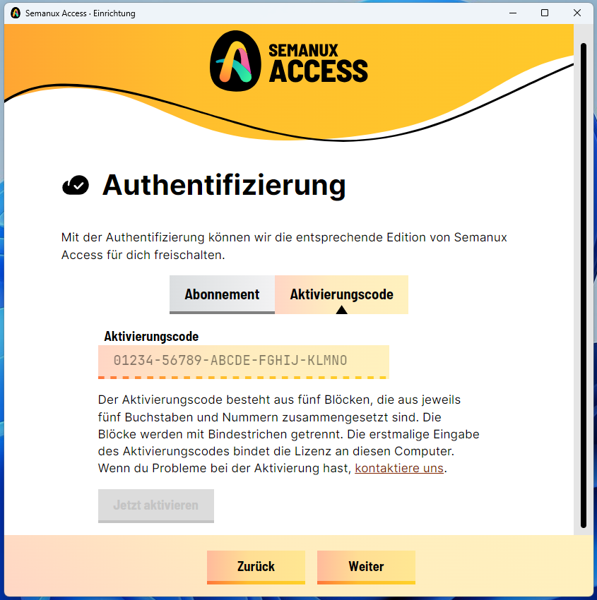 Einrichtungs-Fenster: "Authentifizierung mit Aktivierungscode"