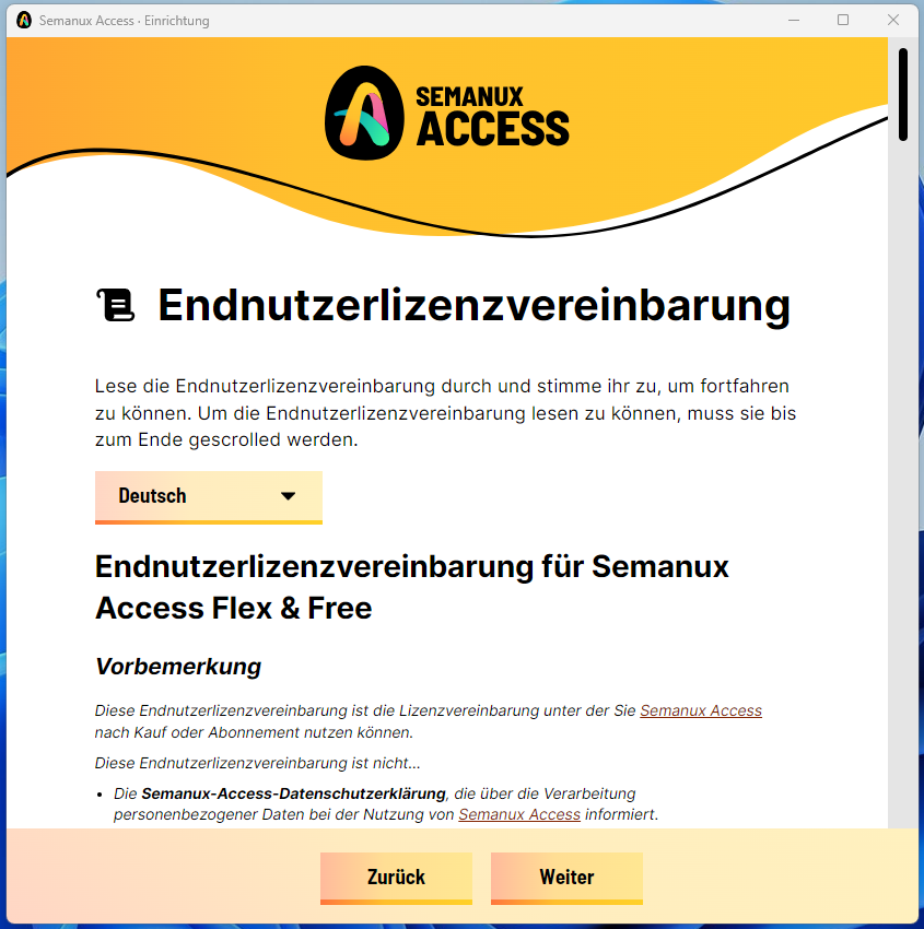 Einrichtungs-Fenster: "Endnutzerlizenzvereinbarung"