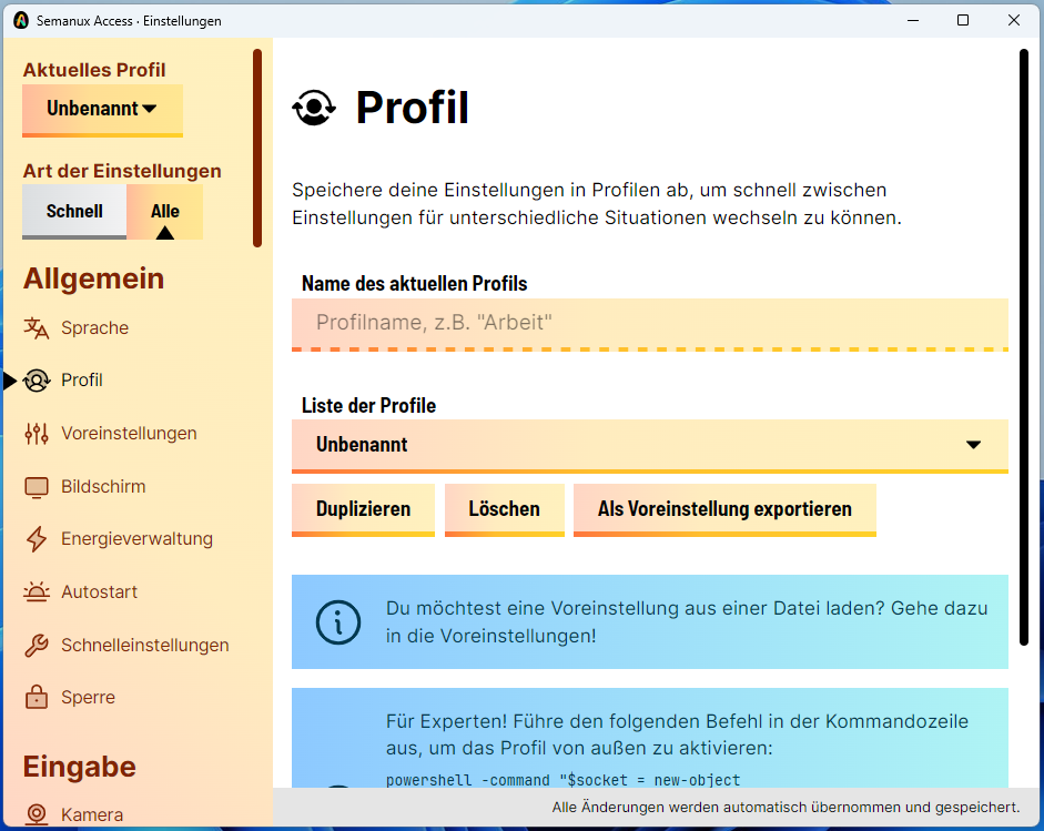 Einstellungen für die Profile
