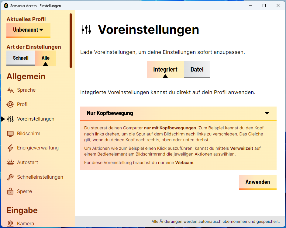 Einstellungen für die Voreinstellungen