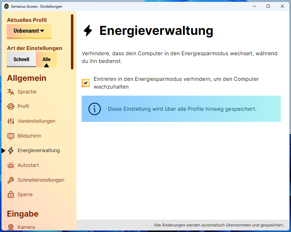 Einstellungsfenster für die Energieverwaltung