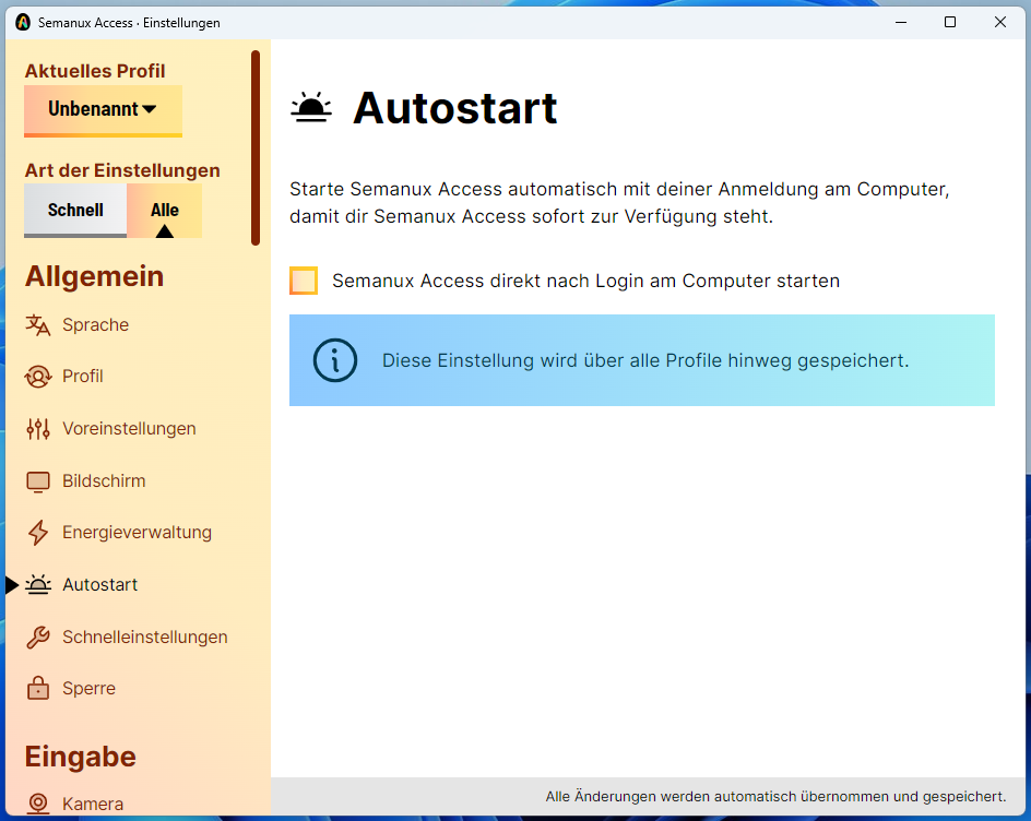 Einstellungsfenster für den Autostart