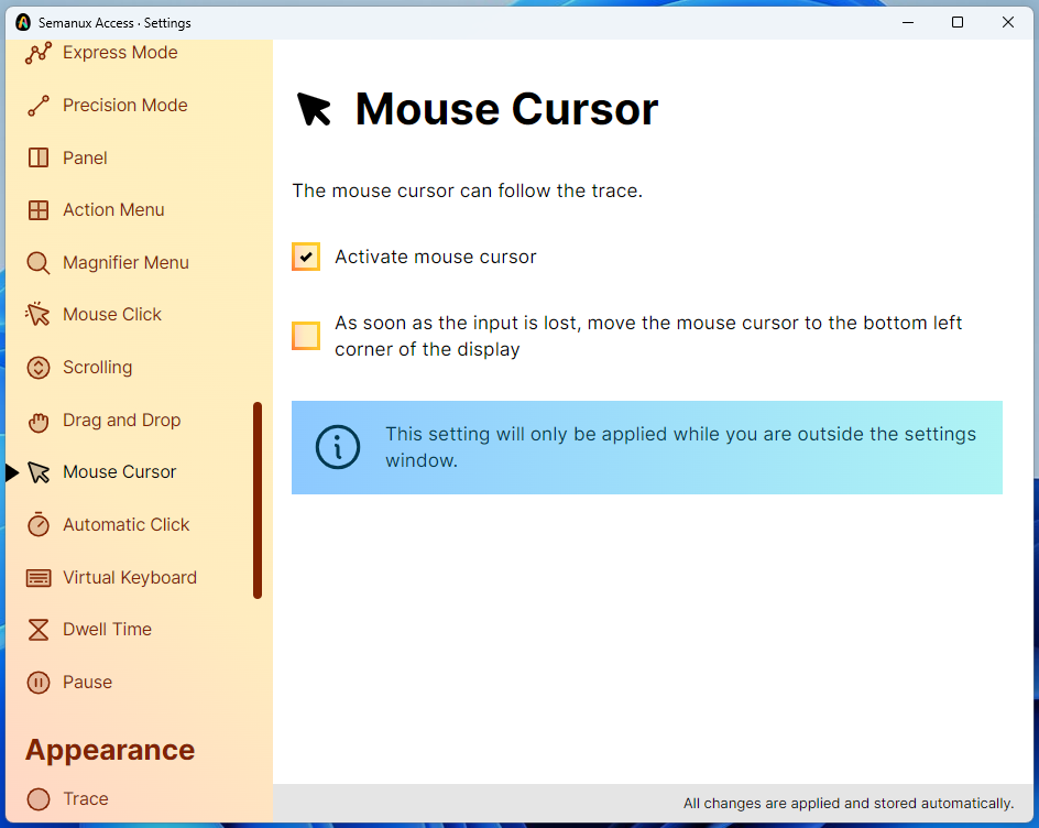 Settings window for the mouse cursor