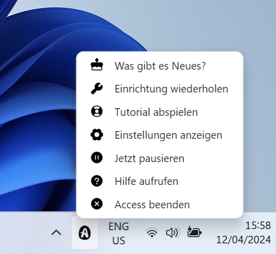 Context menu after right-click on the Semanux Access icon in the notification area of the taskbar